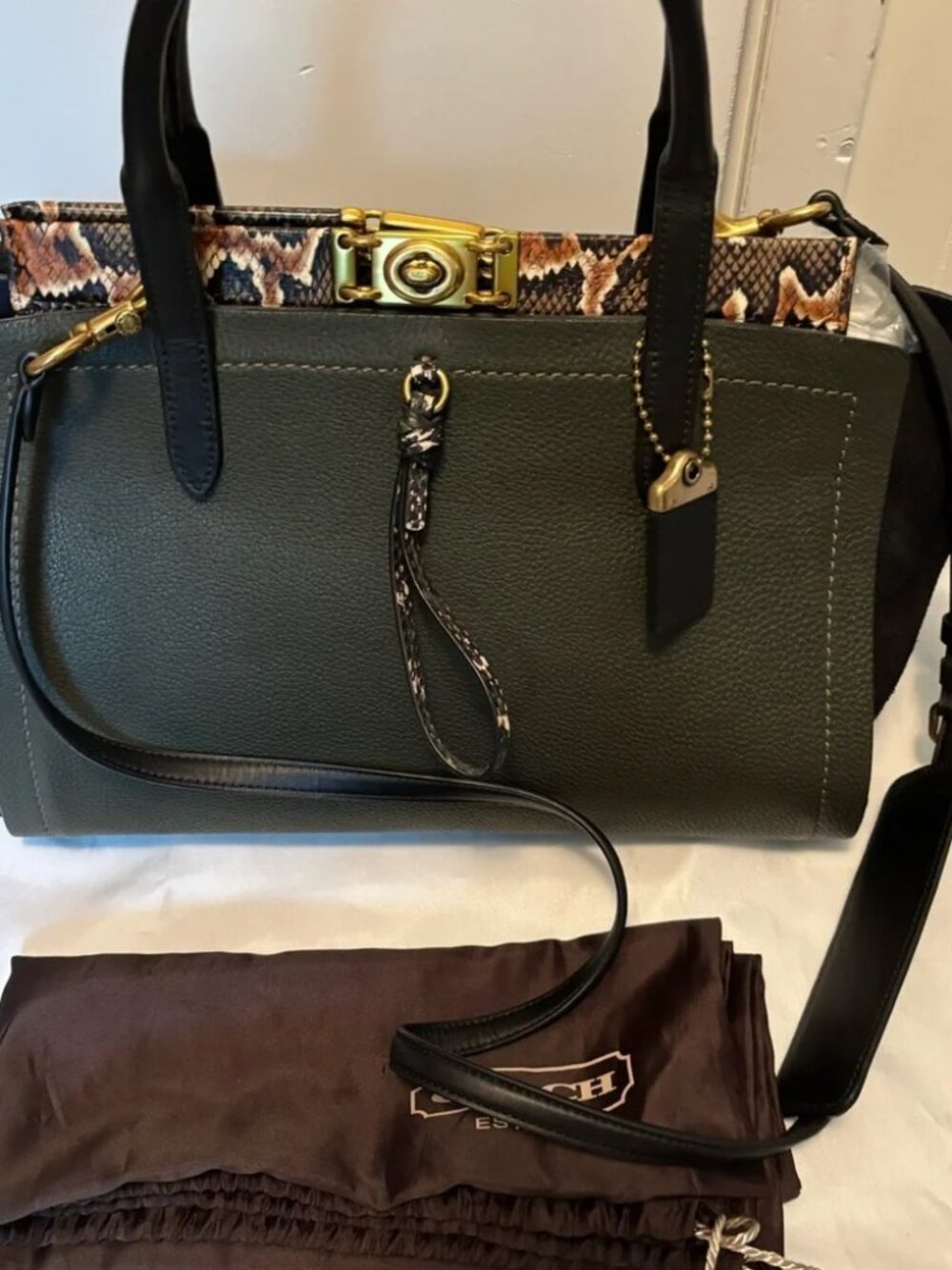 Rare Coach 1941 ArmyGreen & Black Troupe Satchel Carryall 35 w/ Snakeskin Accent - Picture 3 of 14